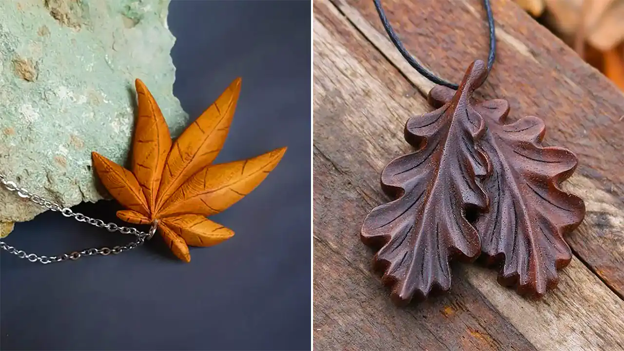 گردنبند چوبی طرح برگ