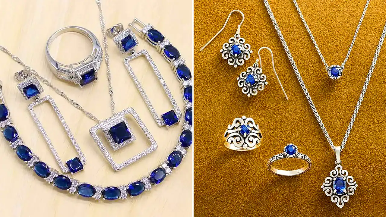 نیم ست نگین آبی لوکس