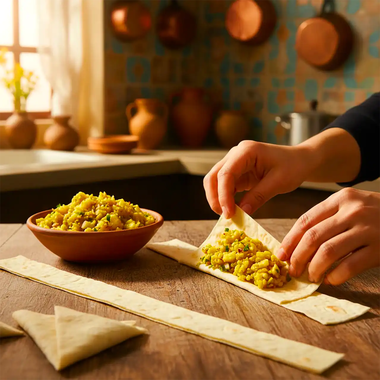 آموزش تا زدن نان لواش به شکل مثلث برای طرز تهیه سمبوسه خانگی