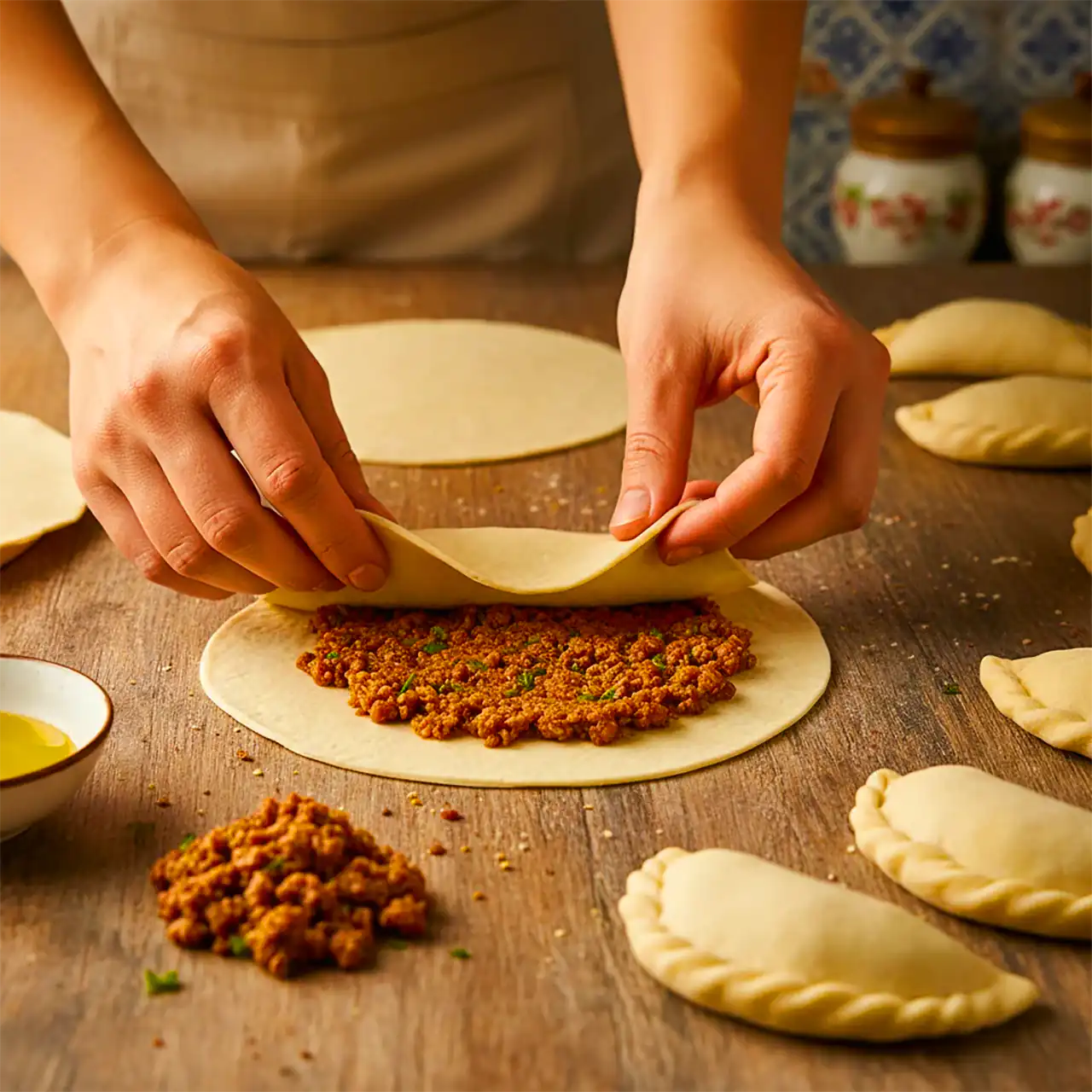 مرحله پیچیدن پیراشکی گوشت با خمیر یوفکا به شکل نیم دایره روی میز چوبی – آموزش مرحله به مرحله طرز تهیه پیراشکی گوشت با خمیر یوفکا