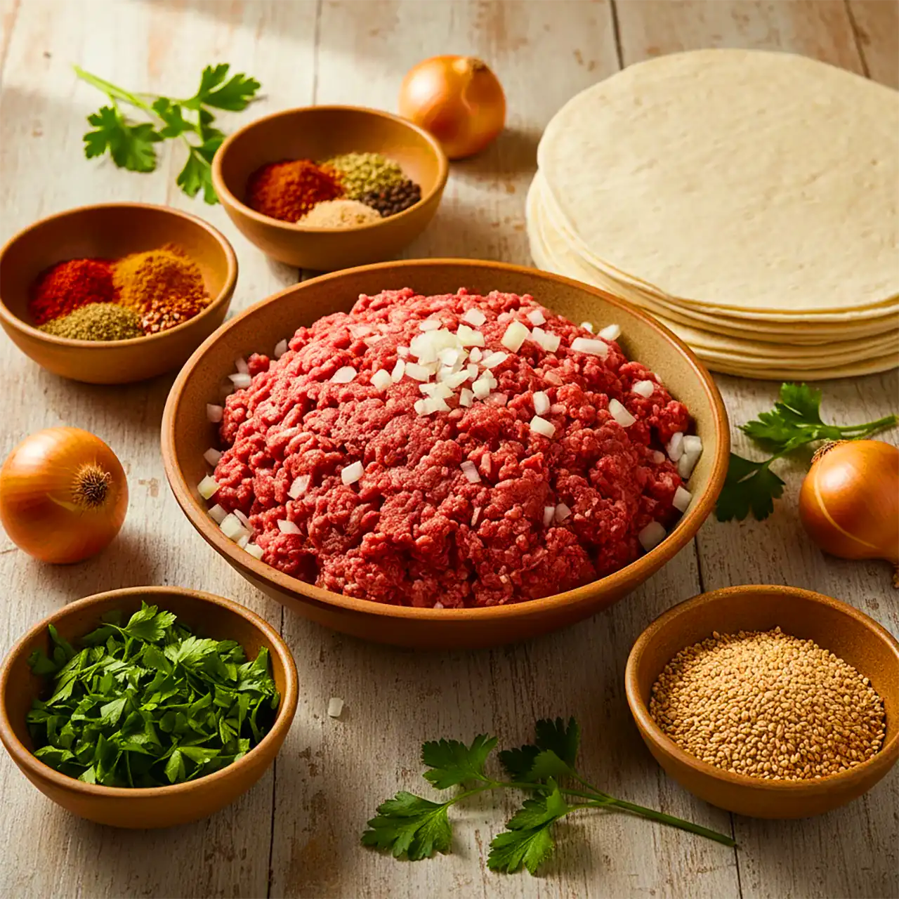 مواد اولیه پیراشکی گوشت با خمیر یوفکا شامل گوشت چرخ کرده، پیاز، ادویه ها و خمیر یوفکا روی میز چوبی