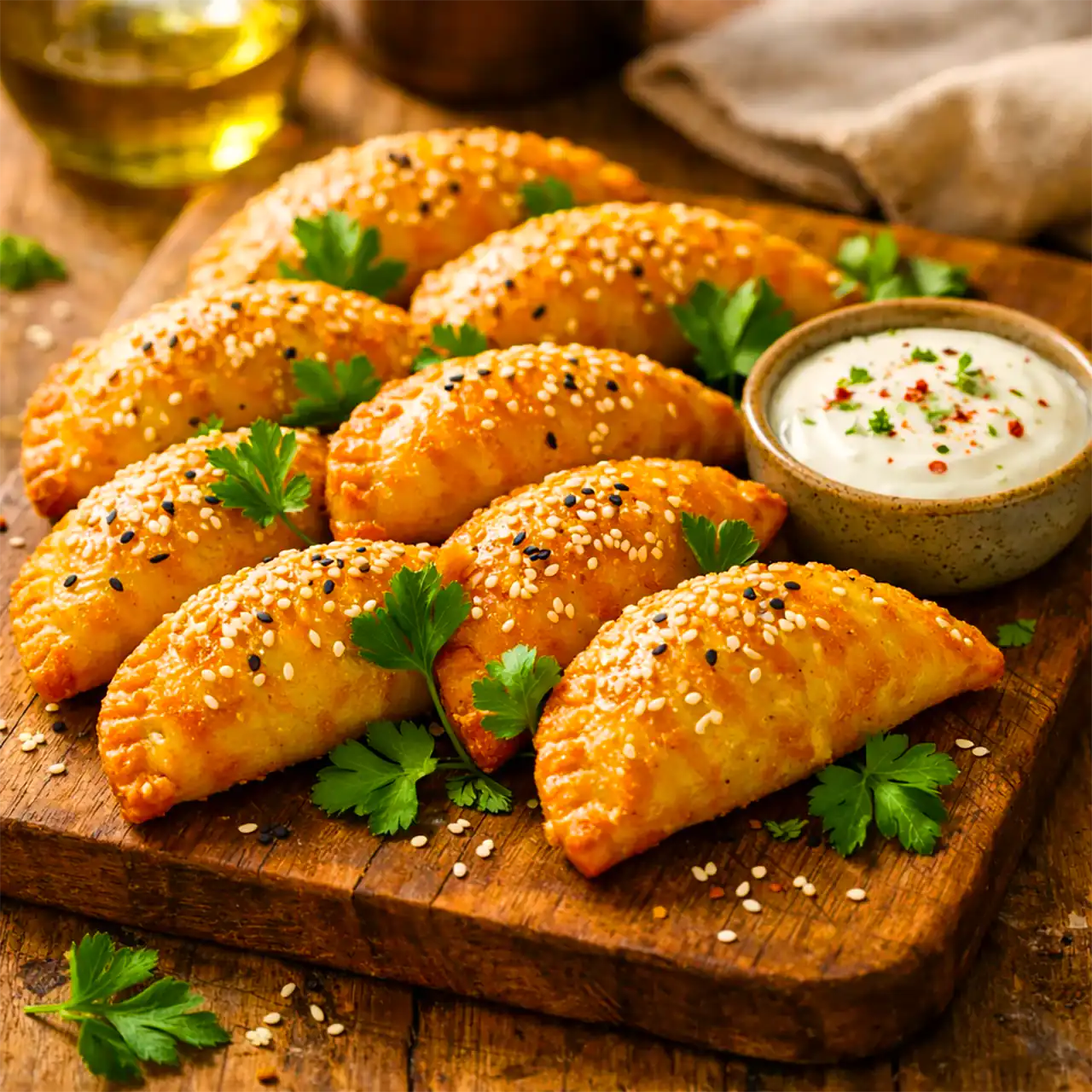 سرو پیراشکی گوشت با خمیر یوفکا روی بشقاب با کنجد و سس مخصوص در کنار