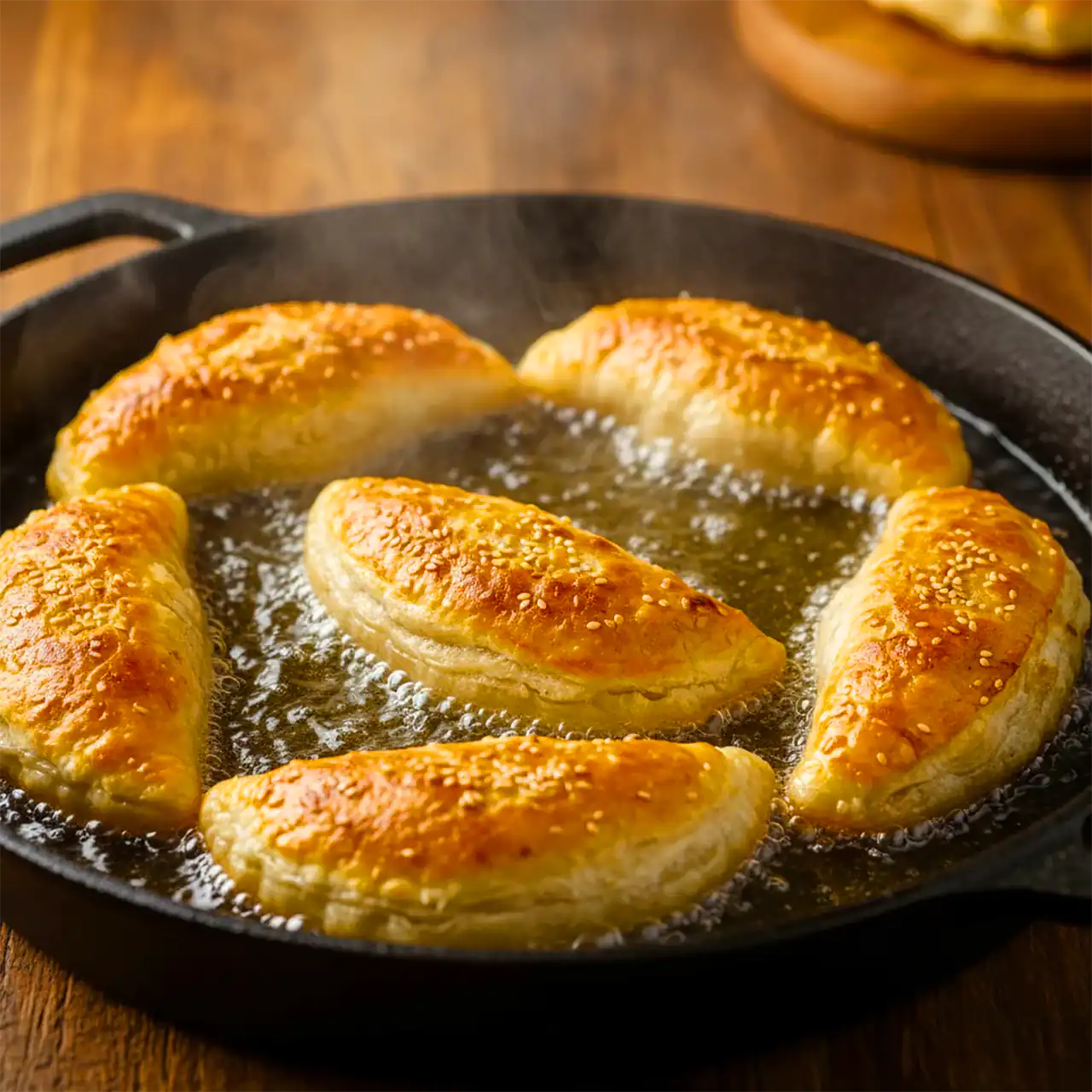 پیراشکی گوشت با خمیر یوفکا در حال سرخ شدن در روغن داخل تابه – طرز تهیه پیراشکی گوشت با خمیر یوفکا