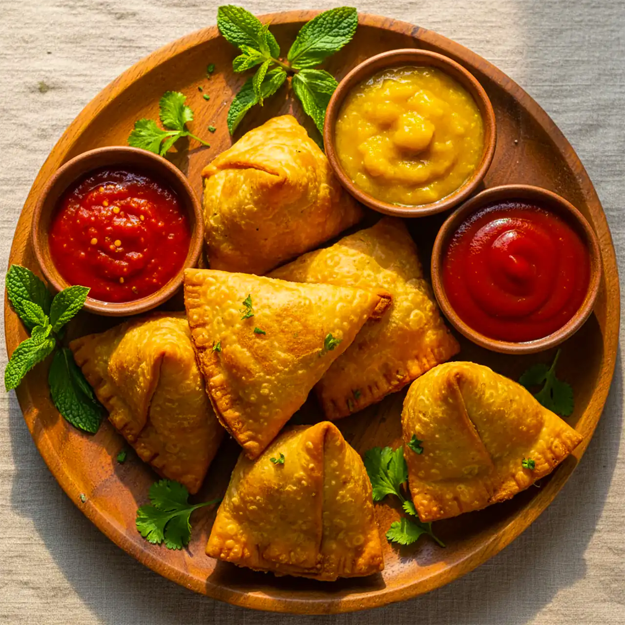 نحوه سرو سمبوسه خانگی با سس تند، سس انبه و سس گوجه فرنگی به همراه سبزیجات تازه