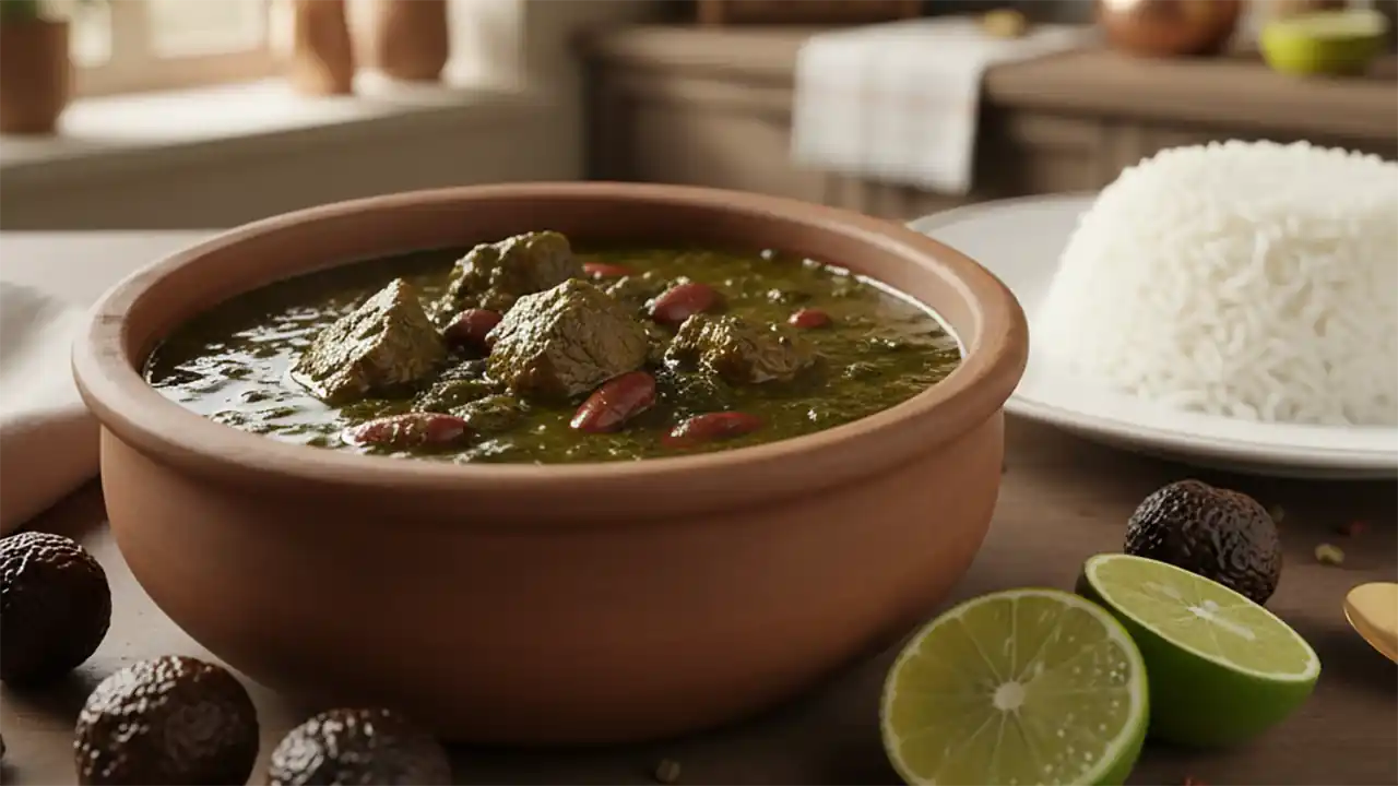 خورش قرمه‌سبزی جاافتاده و خوشمزه خانگی سرو شده با برنج ایرانی