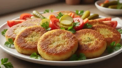 کوکو سیب‌زمینی طلایی خانگی با خیارشور و سبزی تازه