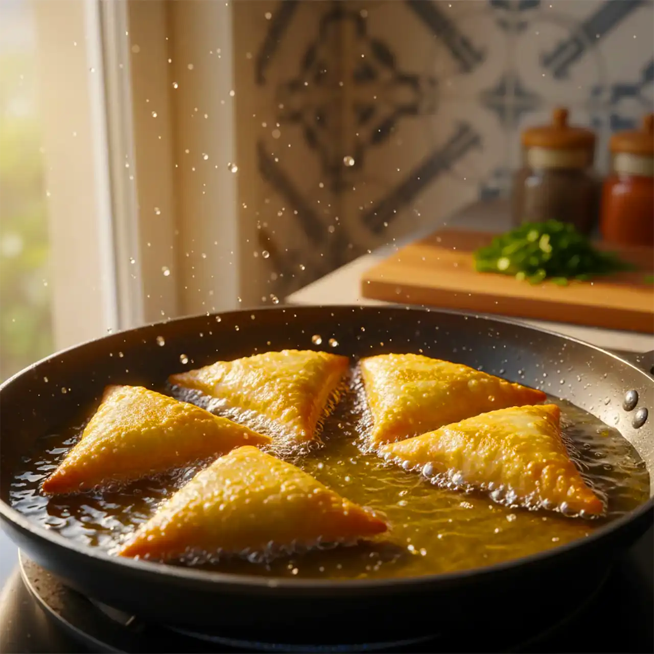 سمبوسه خانگی در حال سرخ شدن در روغن در ماهیتابه – مرحله سرخ کردن در طرز تهیه سمبوسه خانگی  