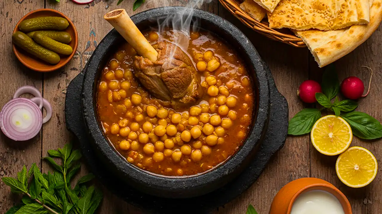 دیزی سنگی سنتی ایرانی با گوشت استخوان دار و مخلفات در نمای بالا