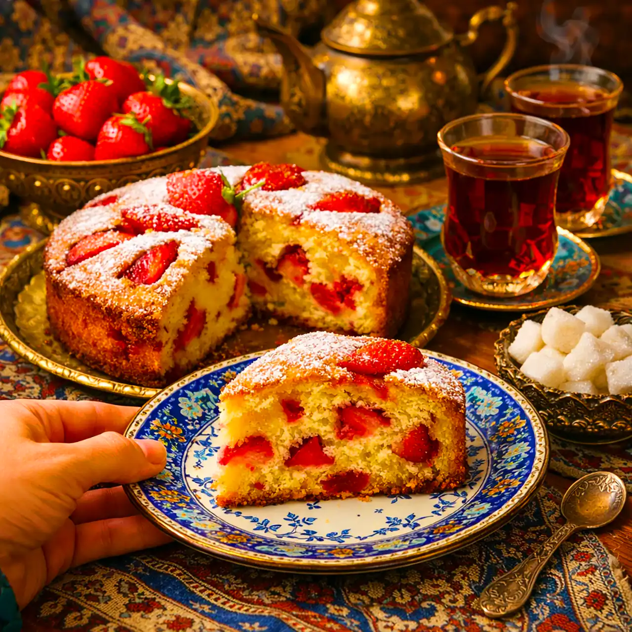 سرو کیک توت فرنگی خانگی و آماده مصرف